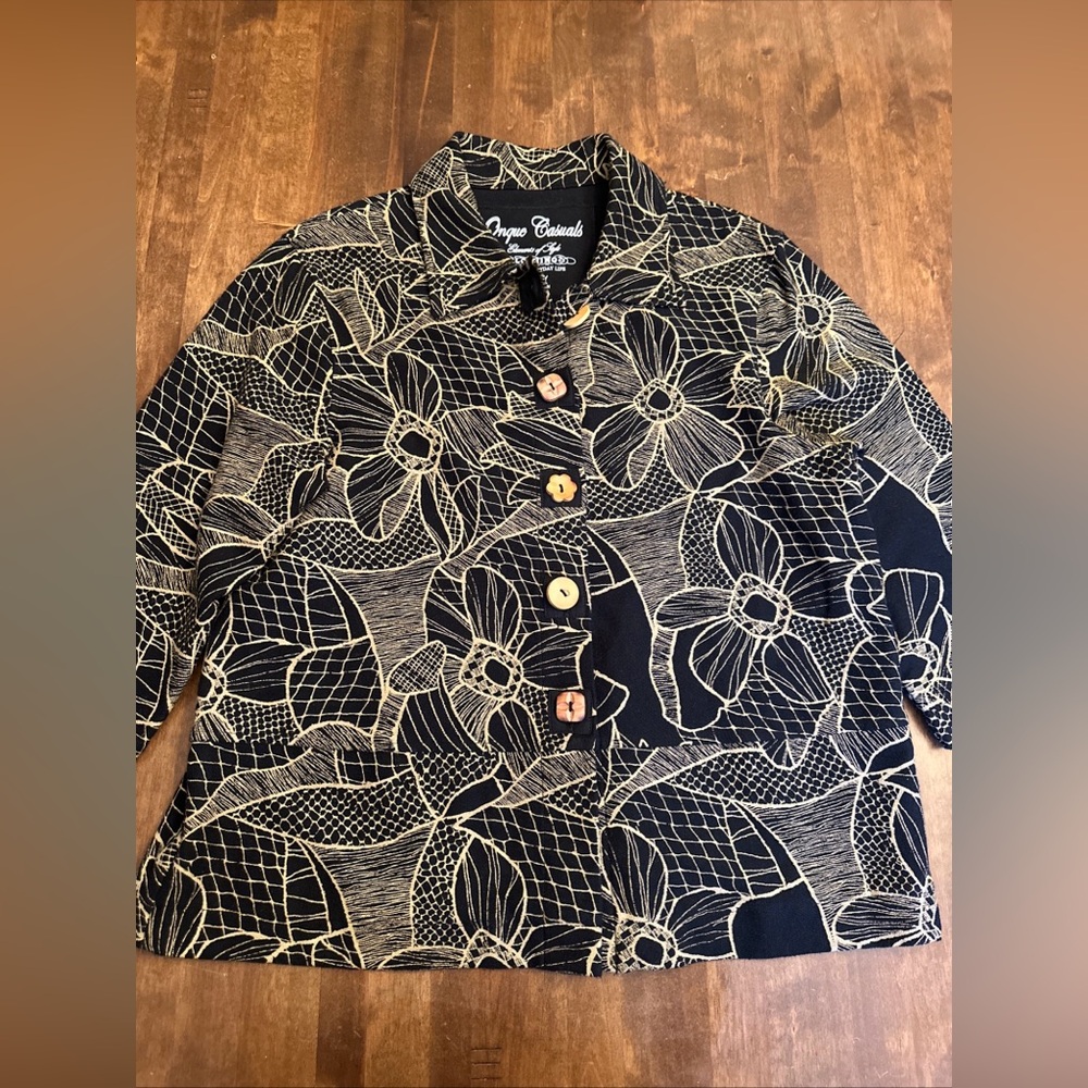 Onque Casuals Shirt M Medium Black Tan Wooden Lagenlook Artsy‎ Floral Jacket